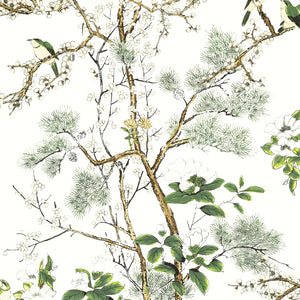Katsura wallpaper in Green / White by Natty & Polly, full pattern view