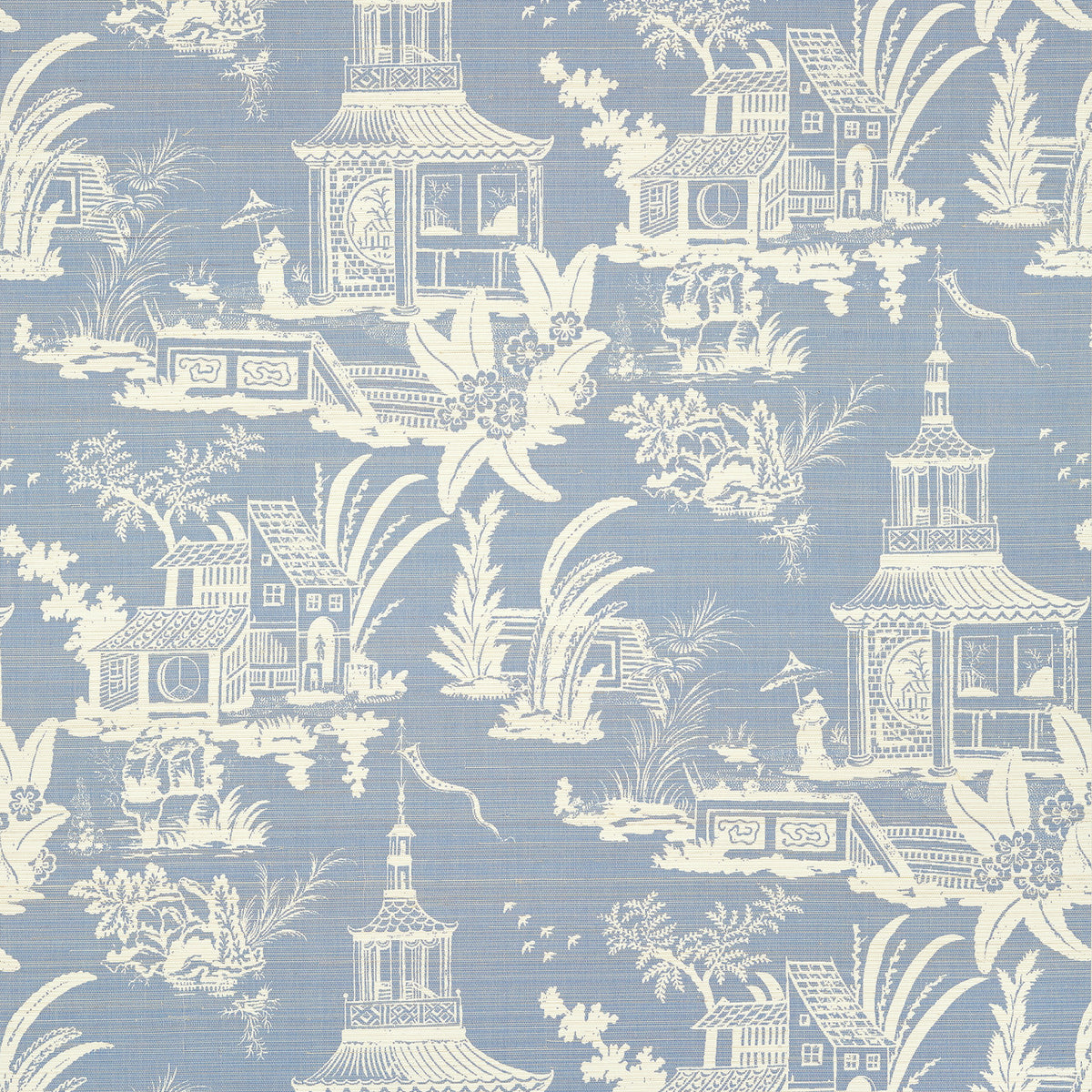 Empress Court wallpaper in Blue by Natty & Polly, full pattern view