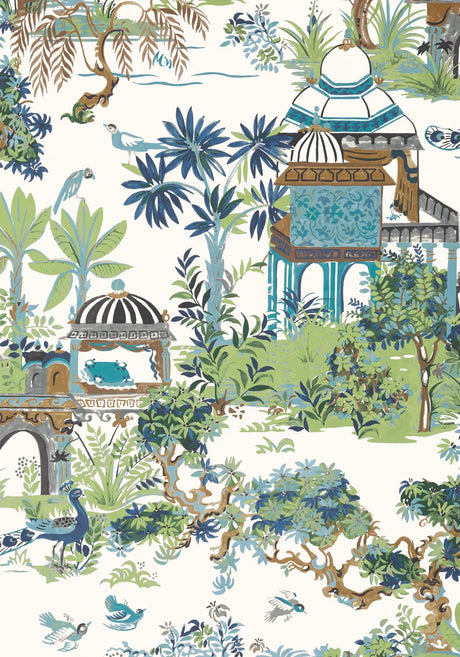 Mystic Garden wallpaper in Blue / Green by Natty & Polly, close-up of the pattern and texture
