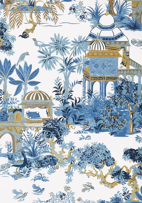 Mystic Garden wallpaper in Blue / White by Natty & Polly, close-up of the pattern and texture