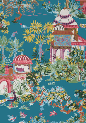 Mystic Garden wallpaper in Teal by Natty & Polly, close-up of the pattern and texture