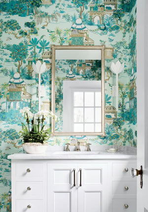 Mystic Garden wallpaper in Spa Blue by Natty & Polly, styled in an interior