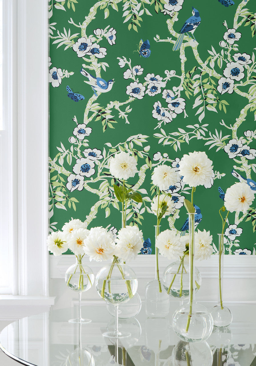 Yukio wallpaper in Green by Natty & Polly, styled in an interior