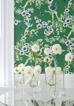 Yukio wallpaper in Green by Natty & Polly, styled in an interior
