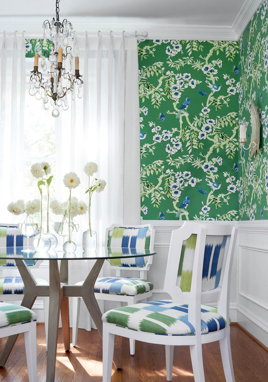 Yukio wallpaper in Green by Natty & Polly, styled in an interior