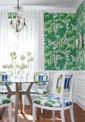 Yukio wallpaper in Green by Natty & Polly, styled in an interior