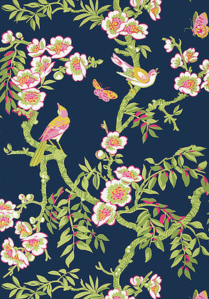Yukio wallpaper in Navy / Pink by Natty & Polly, full pattern view