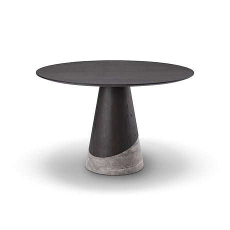 Maison Debrah Frevon round dining table in dark elm on a tapering cone base with silver travertine