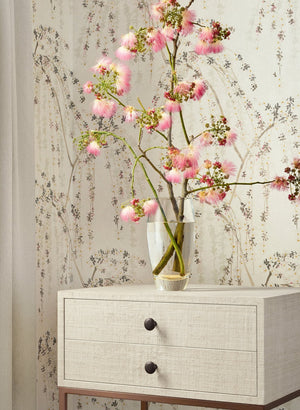 Weeping Blossom wallpaper in White by Natty & Polly, styled in an interior