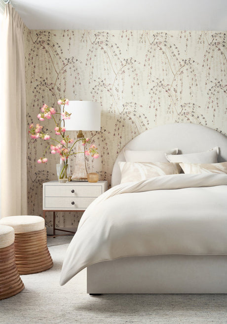 Weeping Blossom wallpaper in White by Natty & Polly, styled in an interior