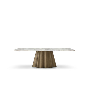 Maison Debrah Gralor oval white marble dining table on a lobed brass pedestal base