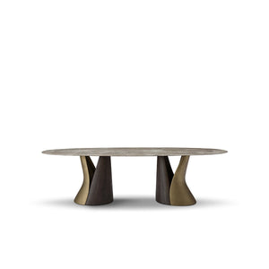 Fervel Oval Brown Marble Dining Table with Brass & Elm Pedestals, Maison Debrah, , ,
