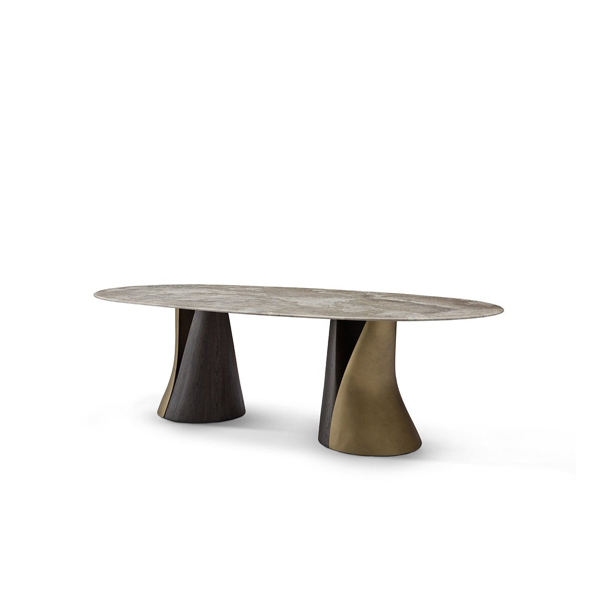 Fervel Oval Brown Marble Dining Table with Brass & Elm Pedestals, Maison Debrah, , ,