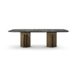 Maison Debrah Lamese green marble dining table on two brass blade pedestal bases