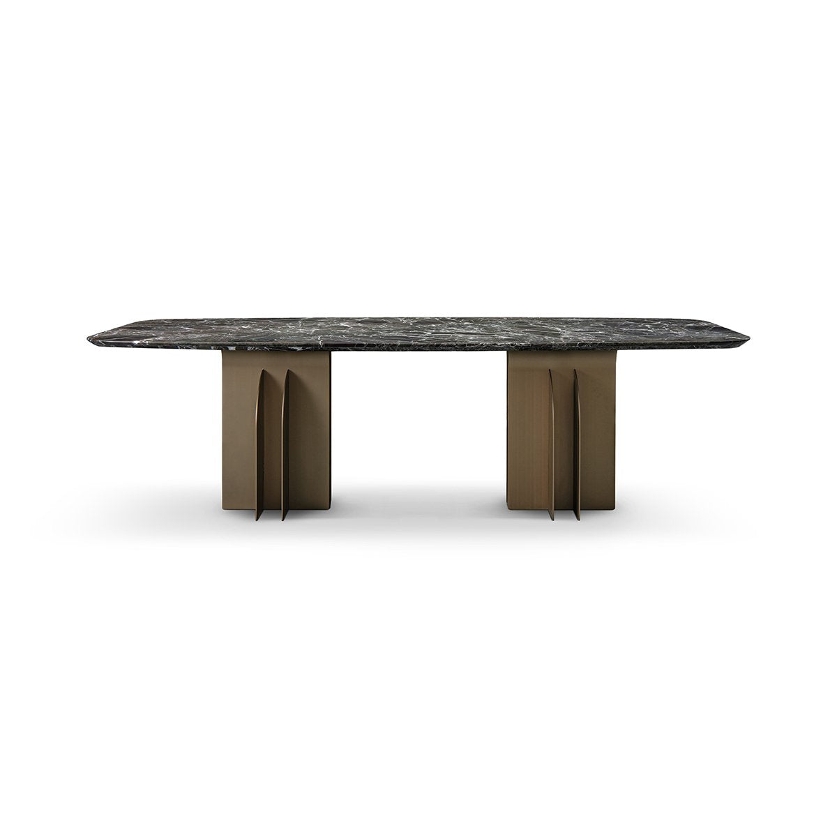 Maison Debrah Lamese green marble dining table on two brass blade pedestal bases