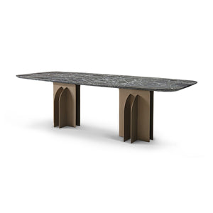 Maison Debrah Lamese green marble dining table on two brass blade pedestal bases — view 2