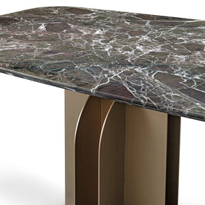 Maison Debrah Lamese green marble dining table on two brass blade pedestal bases — view 3