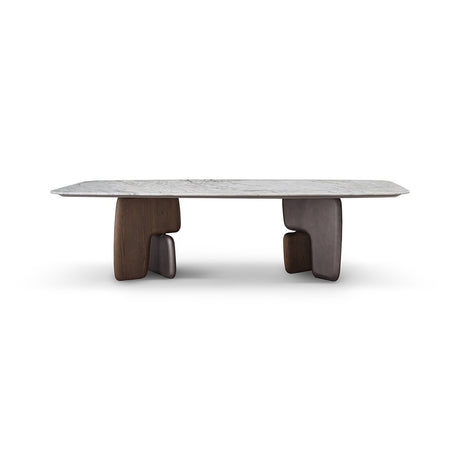 Maison Debrah Clavène white marble dining table on two sculpted dual grey notched pedestals