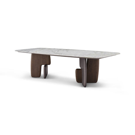 Maison Debrah Clavène white marble dining table on two sculpted dual grey notched pedestals — view 2