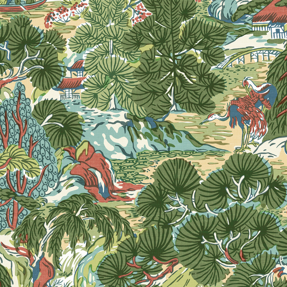 Pagoda Trees Wallpaper, Cocolea Natty & Polly, Coral / Green, Per roll (68.6 cm × 8.23 m),