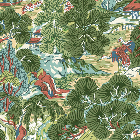 Pagoda Trees Wallpaper, Cocolea Natty & Polly, Coral / Green, Per roll (68.6 cm × 8.23 m),
