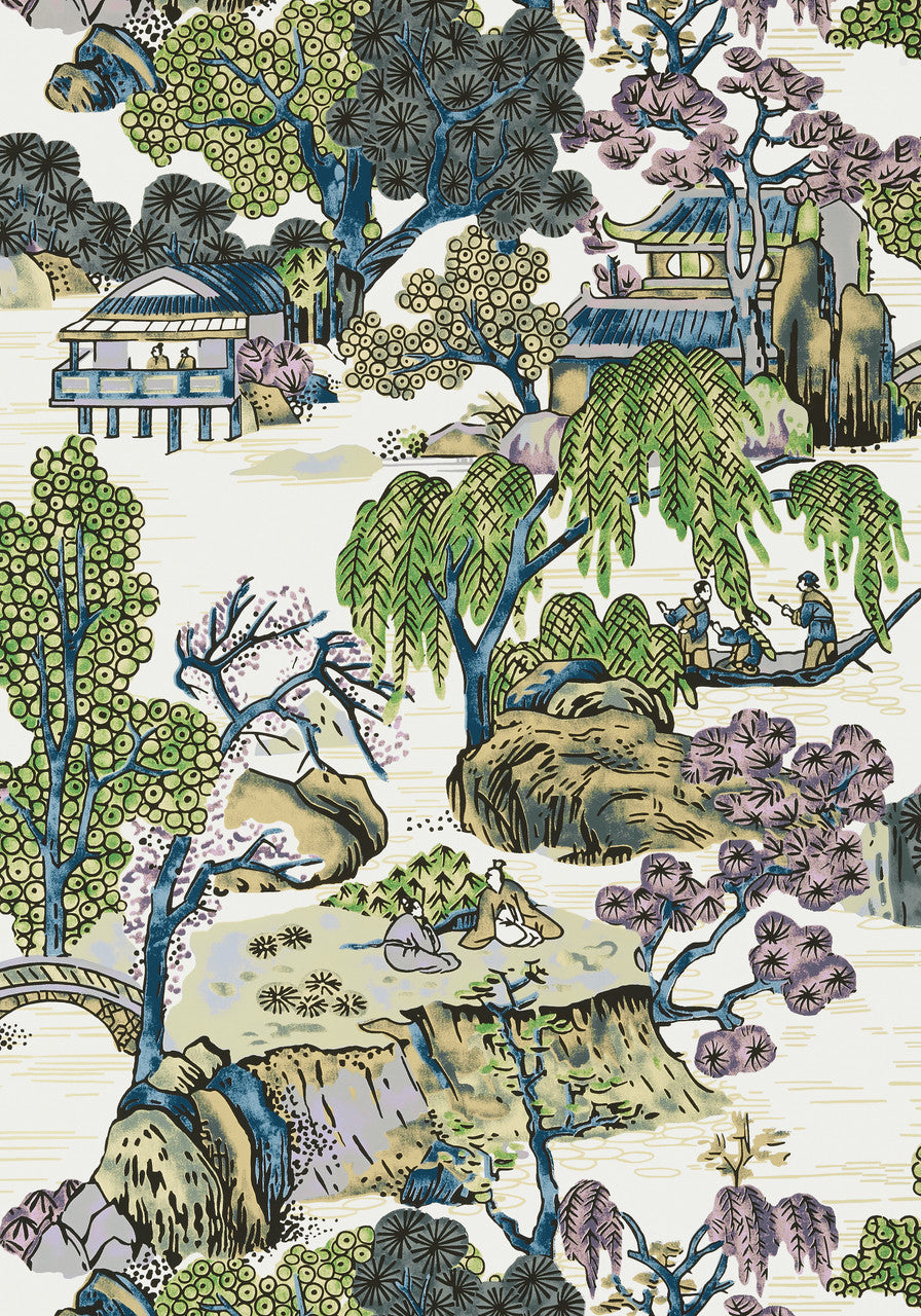 Asian Scenic wallpaper in Blue / Purple by Natty & Polly, close-up of the pattern and texture