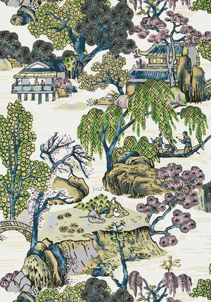 Asian Scenic wallpaper in Blue / Purple by Natty & Polly, close-up of the pattern and texture