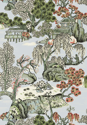 Asian Scenic wallpaper in Robins Egg / Green by Natty & Polly, close-up of the pattern and texture