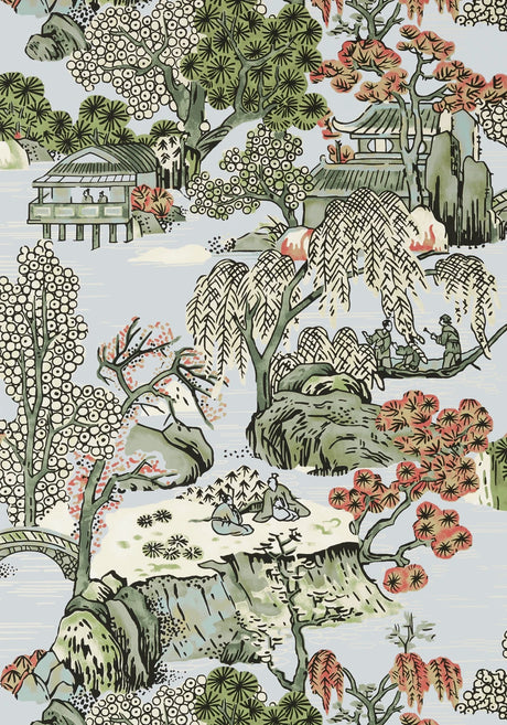 Asian Scenic wallpaper in Robins Egg / Green by Natty & Polly, close-up of the pattern and texture