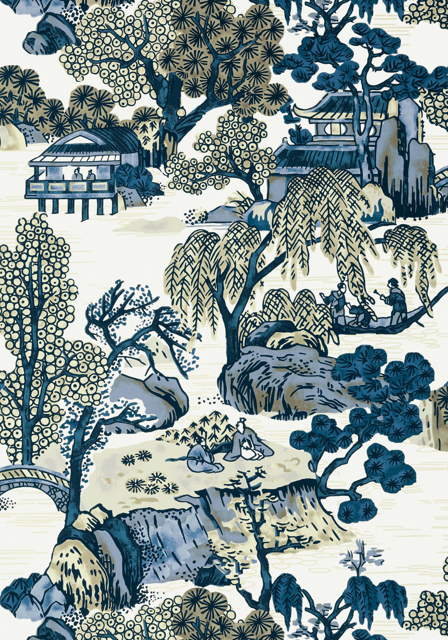Asian Scenic wallpaper in Blue / Beige by Natty & Polly, close-up of the pattern and texture