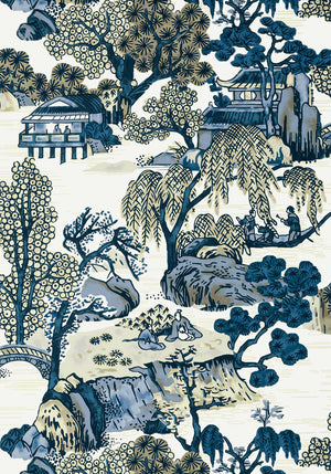 Asian Scenic wallpaper in Blue / Beige by Natty & Polly, close-up of the pattern and texture
