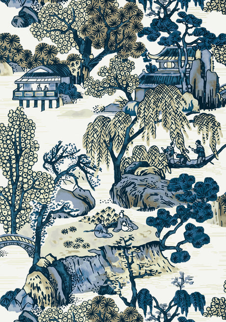 Asian Scenic wallpaper in Blue / Beige by Natty & Polly, close-up of the pattern and texture