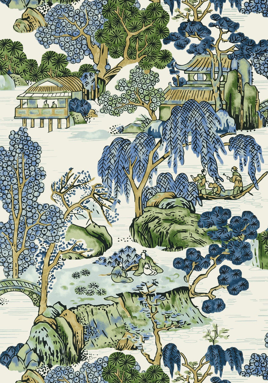 Asian Scenic wallpaper in Blue / Green by Natty & Polly, close-up of the pattern and texture