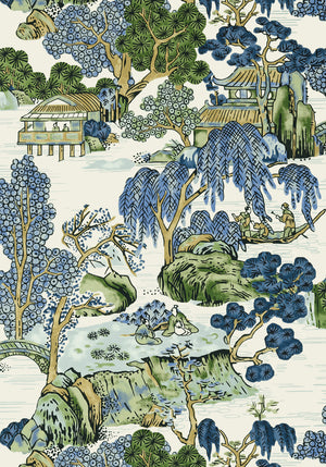 Asian Scenic wallpaper in Blue / Green by Natty & Polly, close-up of the pattern and texture