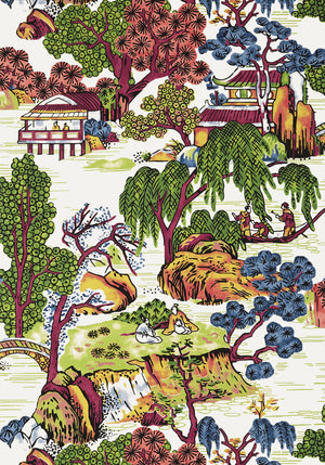 Asian Scenic wallpaper in Coral / Green by Natty & Polly, close-up of the pattern and texture