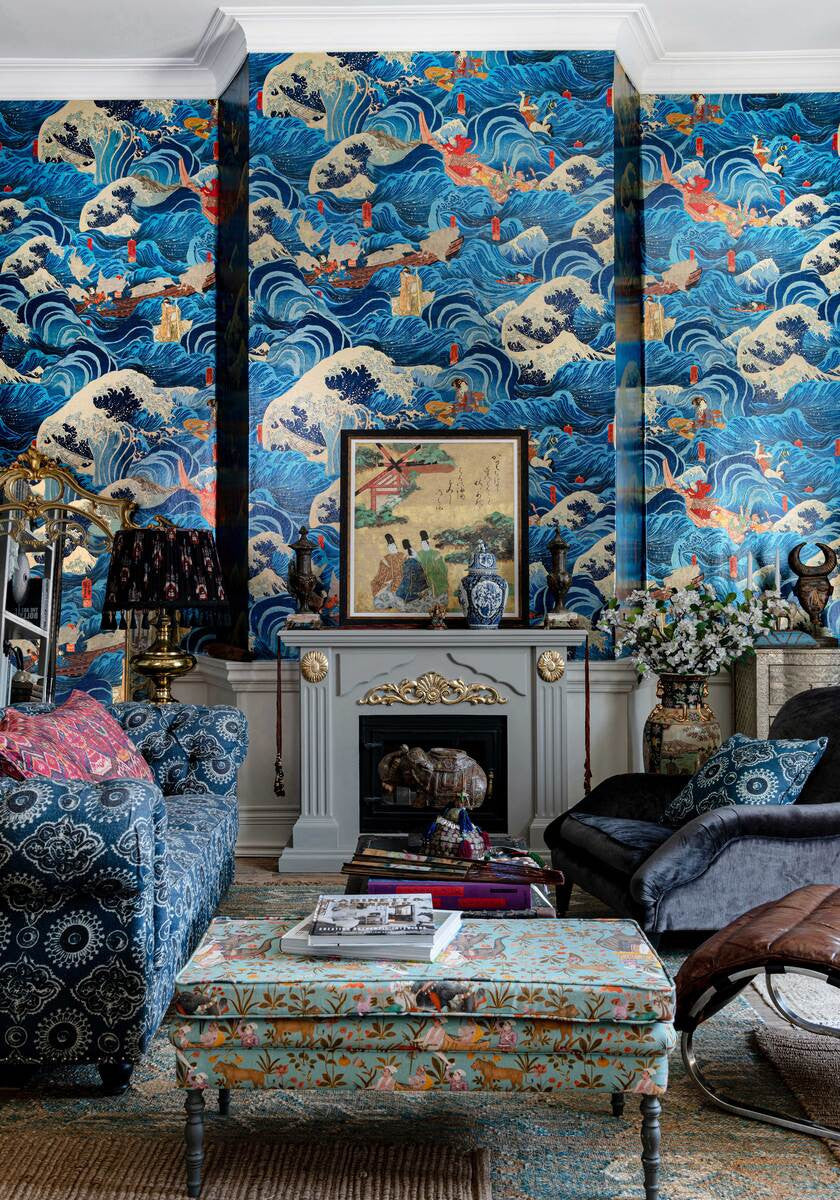 The Former Emperor wallpaper in Blue by Natty & Polly, styled in an interior