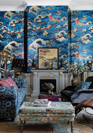 The Former Emperor wallpaper in Blue by Natty & Polly, styled in an interior
