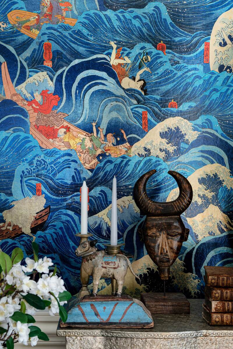 The Former Emperor wallpaper in Blue by Natty & Polly, styled in an interior