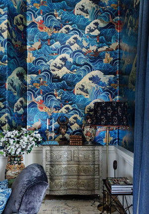 The Former Emperor wallpaper in Blue by Natty & Polly, styled in an interior
