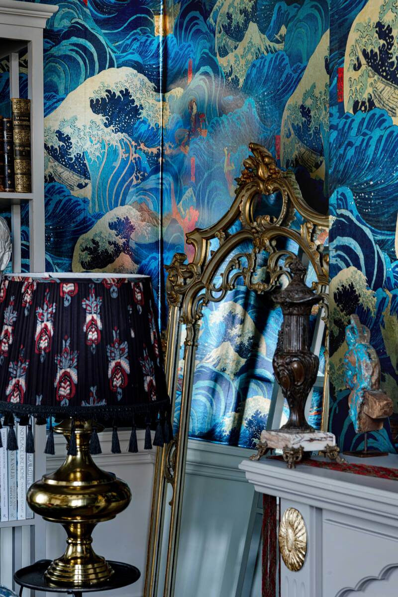 The Former Emperor wallpaper in Blue by Natty & Polly, styled in an interior