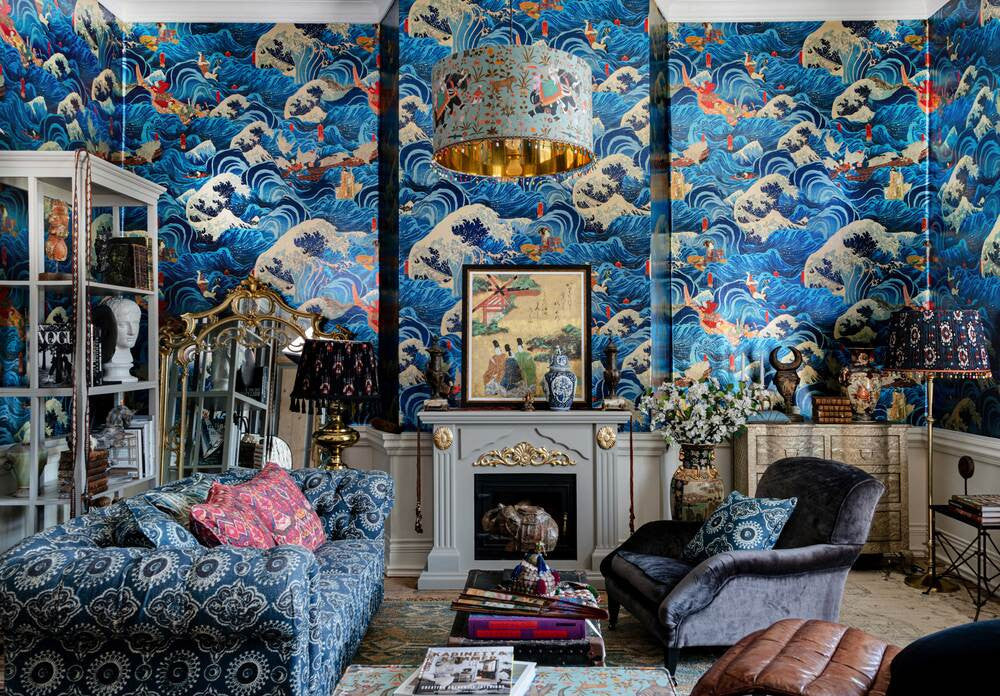 The Former Emperor wallpaper in Blue by Natty & Polly, styled in an interior