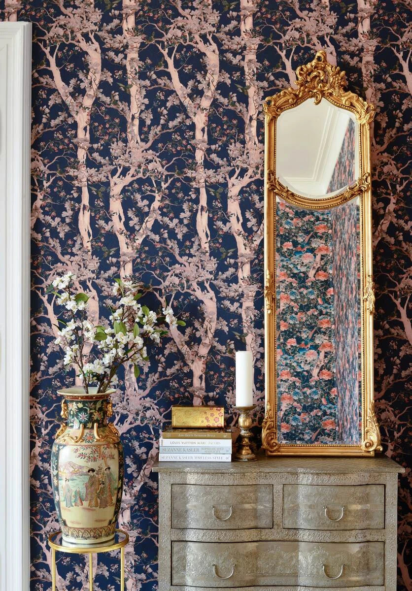 The Sacred Tree Wallpaper in Blue & Taupe, Cocolea Natty & Polly, , ,