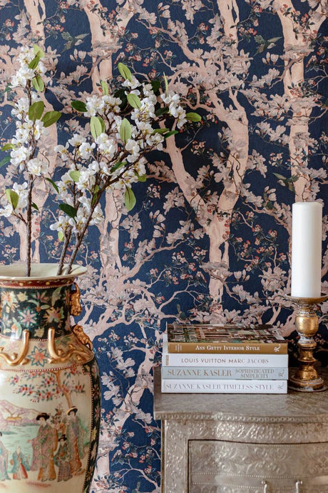The Sacred Tree Wallpaper in Blue & Taupe, Cocolea Natty & Polly, Per roll (52 cm × 9 m), ,