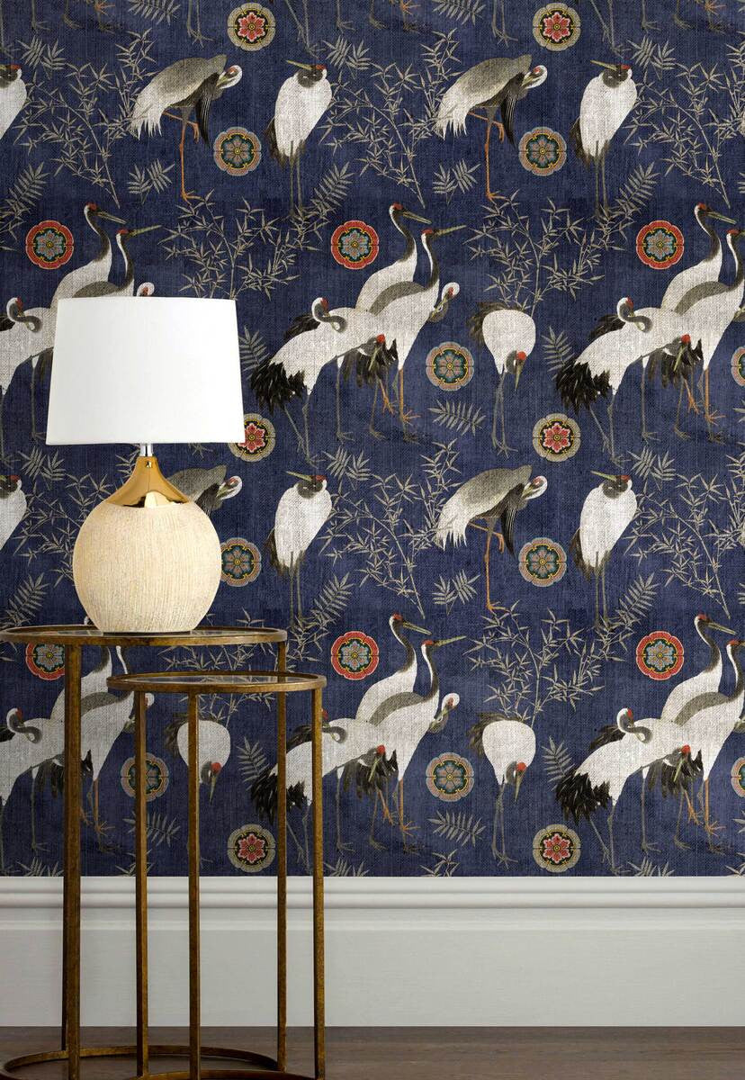 Tsuru wallpaper in Indigo Blue by Natty & Polly, full pattern view