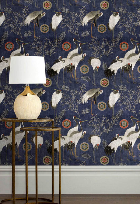 Tsuru wallpaper in Indigo Blue by Natty & Polly, full pattern view