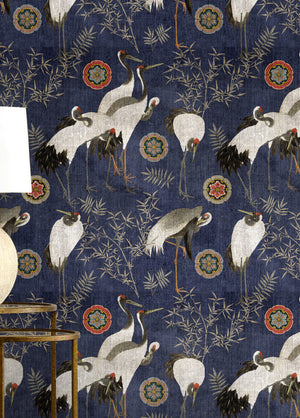 Tsuru wallpaper in Indigo Blue by Natty & Polly, full pattern view