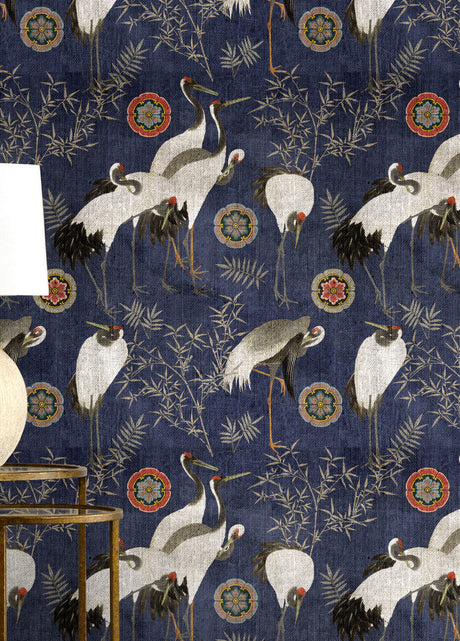 Tsuru wallpaper in Indigo Blue by Natty & Polly, full pattern view