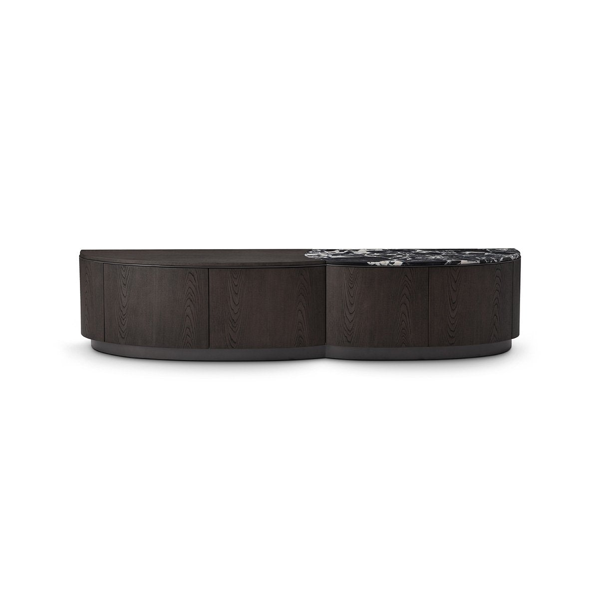 Maison Debrah Vivalenne TV unit with split black marble and dark grey elm top on grey metal base