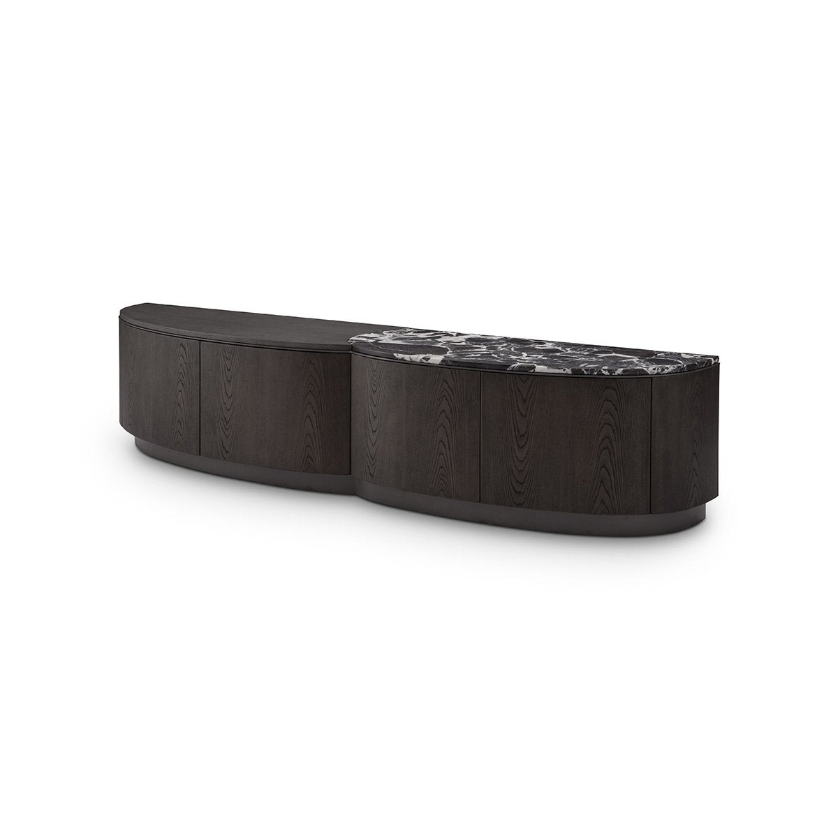 Maison Debrah Vivalenne TV unit with split black marble and dark grey elm top on grey metal base — view 2
