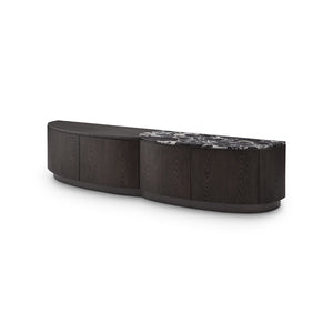 Maison Debrah Vivalenne TV unit with split black marble and dark grey elm top on grey metal base — view 2